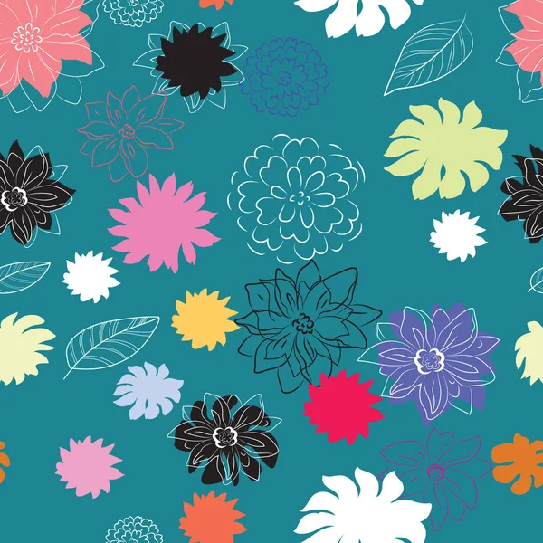 Fleurs Multicolores Sur Fond Turquoise Motif Sans Couture — Image vectorielle