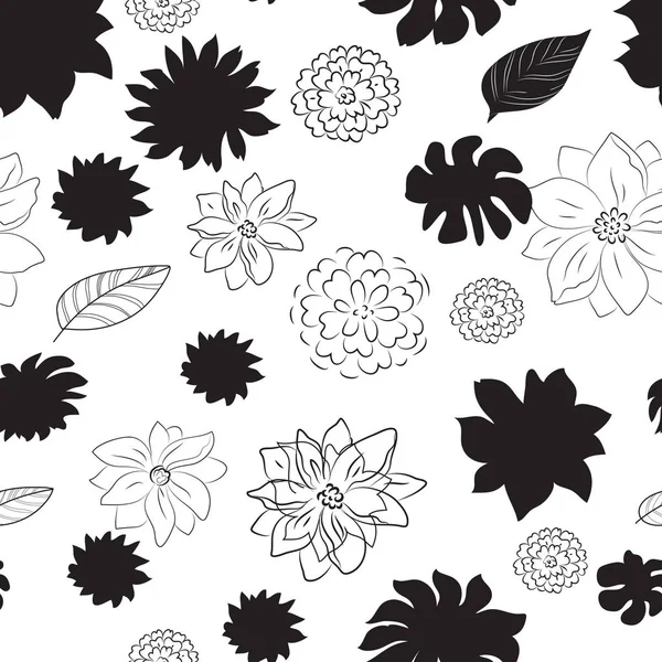 Fleurs Noires Sur Fond Blanc Motif Sans Couture — Image vectorielle
