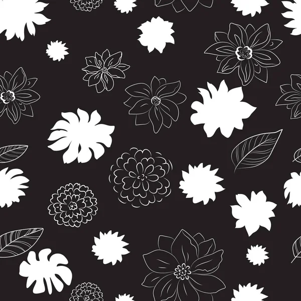 Fleurs Blanches Sur Fond Noir Motif Sans Couture — Image vectorielle