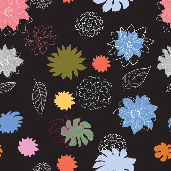 siyah bir arka plan, Dikişsiz desen çok renkli çiçekler