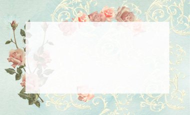 Gül ve Monogram vintage tarzı düğün davet, kartpostal, etiket, el ilanı