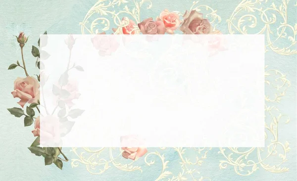 結婚式の招待状 はがき ラベル チラシのバラとビンテージ スタイルのモノグラム — ストック写真