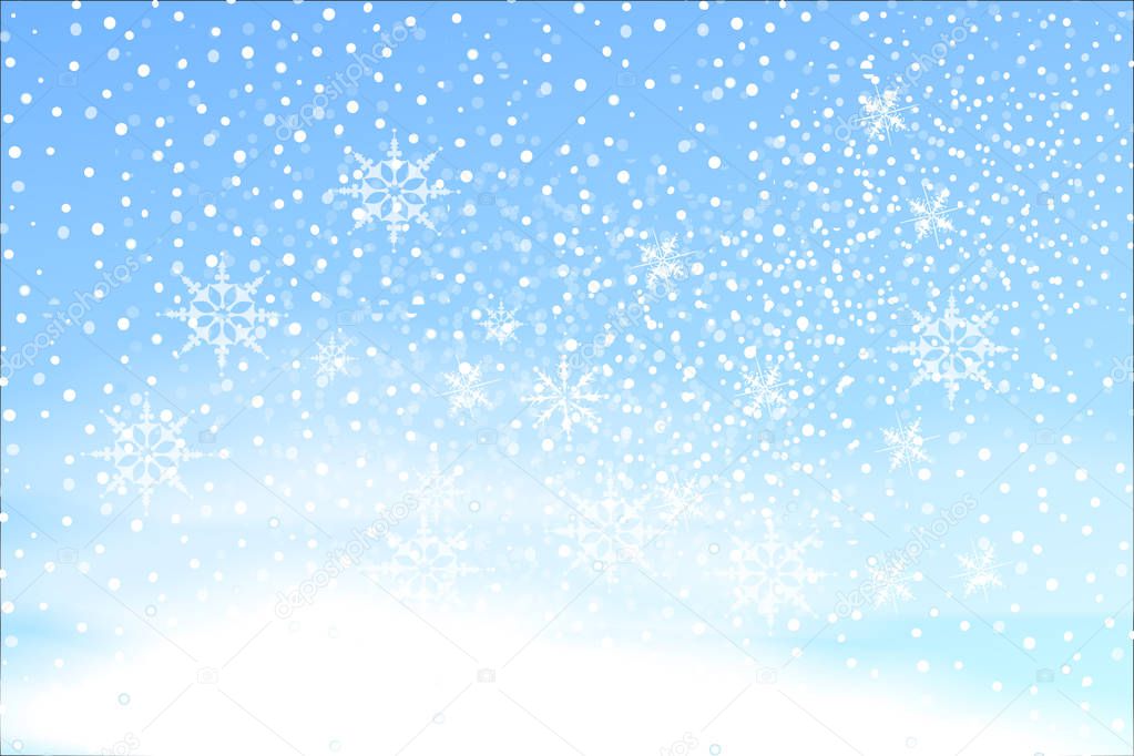 Natural Winter Christmas background with sky, heavy snowfall, snowflakes in different shapes and forms, snowdrifts. Winter landscape with falling christmas shining beautiful snow. vector.  