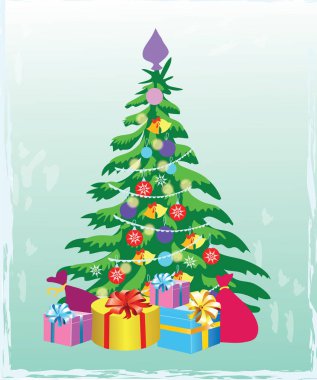 Dekorasyon ve hediye kutuları ile Noel ağacı. Tatil arka plan. Mutlu Noeller ve mutlu yeni yıl. Vektör çizim - vektör