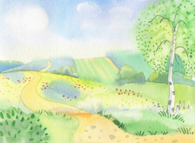 bahar suluboya manzara - illüstrasyon, alan ve huş ağacı