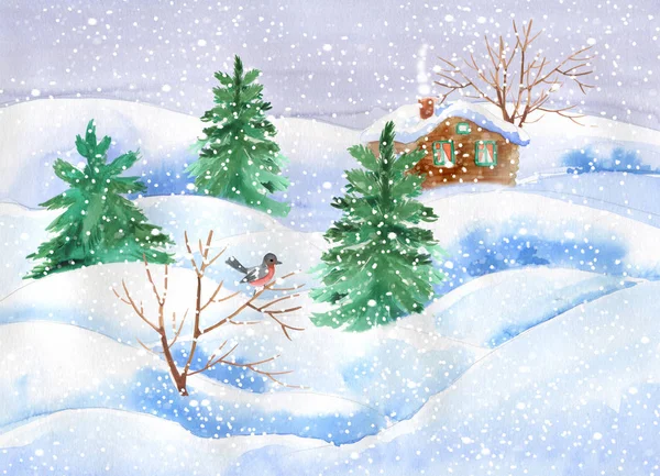 冬の水彩風景 クリスマス ツリー — ストック写真