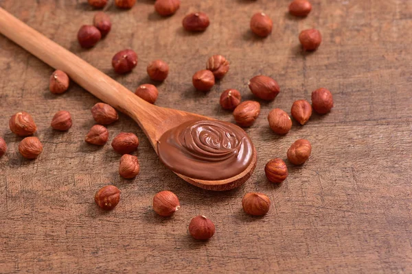 Hazelnuts Cream Wooden Spoon — Stock Photo, Image