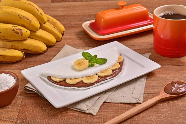 Tapioca Recheada Com Creme Avelã Fatias Banana — Fotografia de Stock