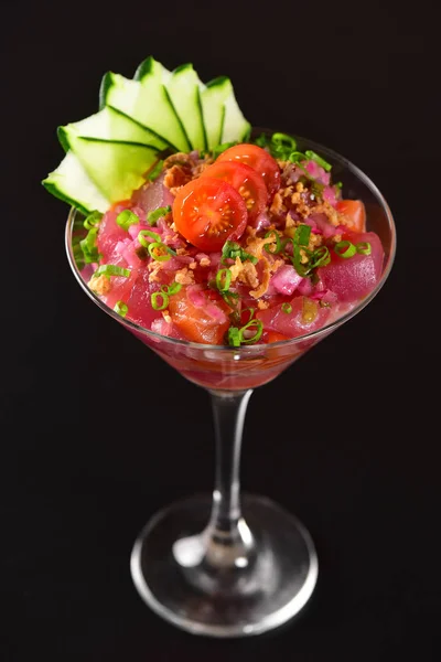 Tuna Ceviche Cup Black Background — Stock Photo, Image