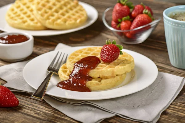 Waffles Jam Breakfast Table — Stock Photo, Image