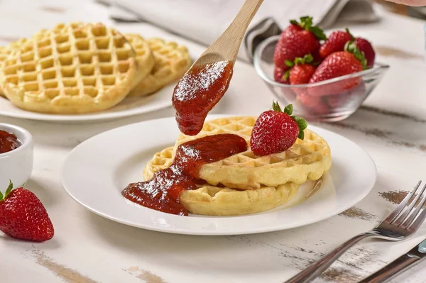 Waffles Jam Breakfast Table — Stock Photo, Image