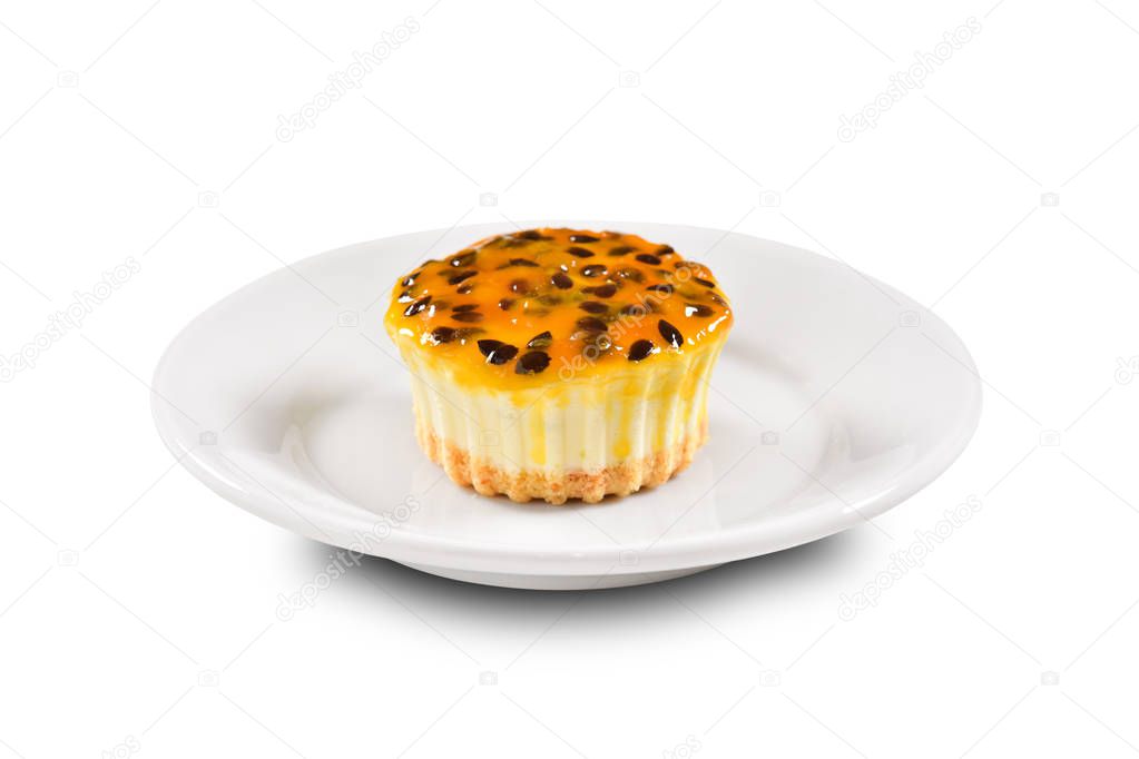 Passion fruit individual cheesecake isolated on white background