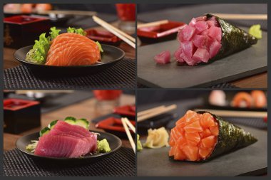 Japon yemekleri dört fotoğraf kolaj