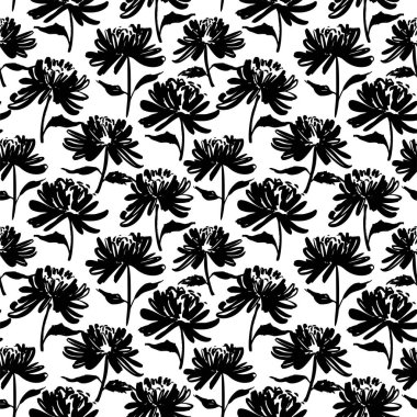 Siluet çiçekler ile Seamless modeli. Vektör mürekkep çizim. Elle çizilmiş kadınsı arka plan. Kağıt ambalaj için süsleme.