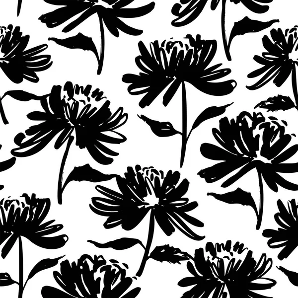 Seamless Pattern Silhouette Flowers Vector Ink Illustration Hand Drawn Feminine — Stock Vector