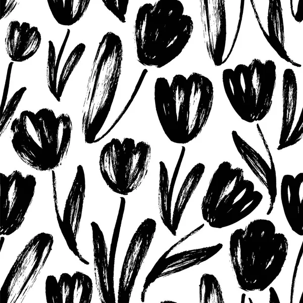 Seamless pattern with tulips. Abstract vector natural texture. Modern monochrome background. Black and white ink brush texture. Flowers grunge brushstroke drawing. Floral textile, wrapping paper.