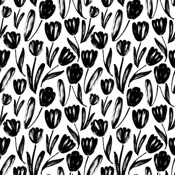 Tulpen Von Hand Gezeichnet Nahtlose Muster Schwarz Weiße Pinselstruktur Blumen — Stockvektor