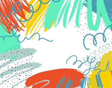Fırça darbeleri ve karalamalar ile renkli arka plan. Vektör mürekkep çizim. Farklı şekiller ve dokular ile yaratıcı doodle sanat. 