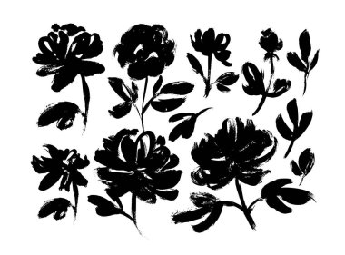Bahar çiçekleri çizilmiş vektör set el. Gül, peonies, krizantem izole cliparts.