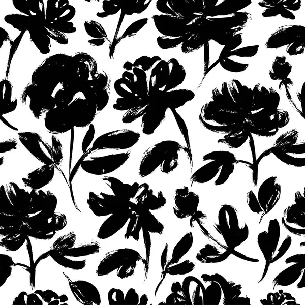 Spring flowers hand drawn seamless pattern. Roses, peonies, chrysanthemums blooming. — Stock Vector