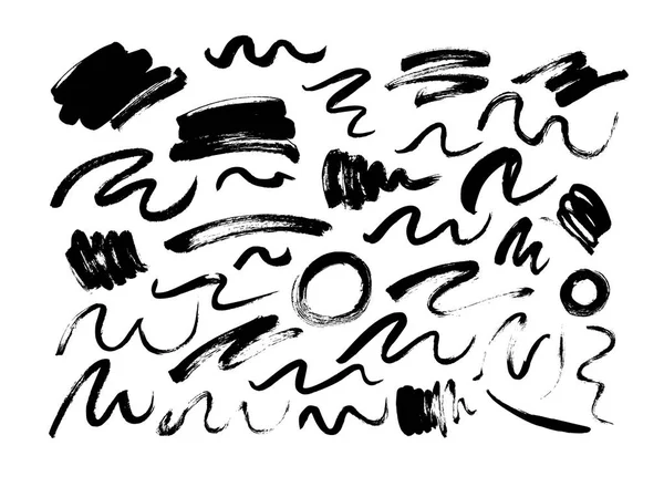 Negro seco pinceladas mano dibujado conjunto. Colección de frotis grunge con líneas y círculos rizados . — Archivo Imágenes Vectoriales