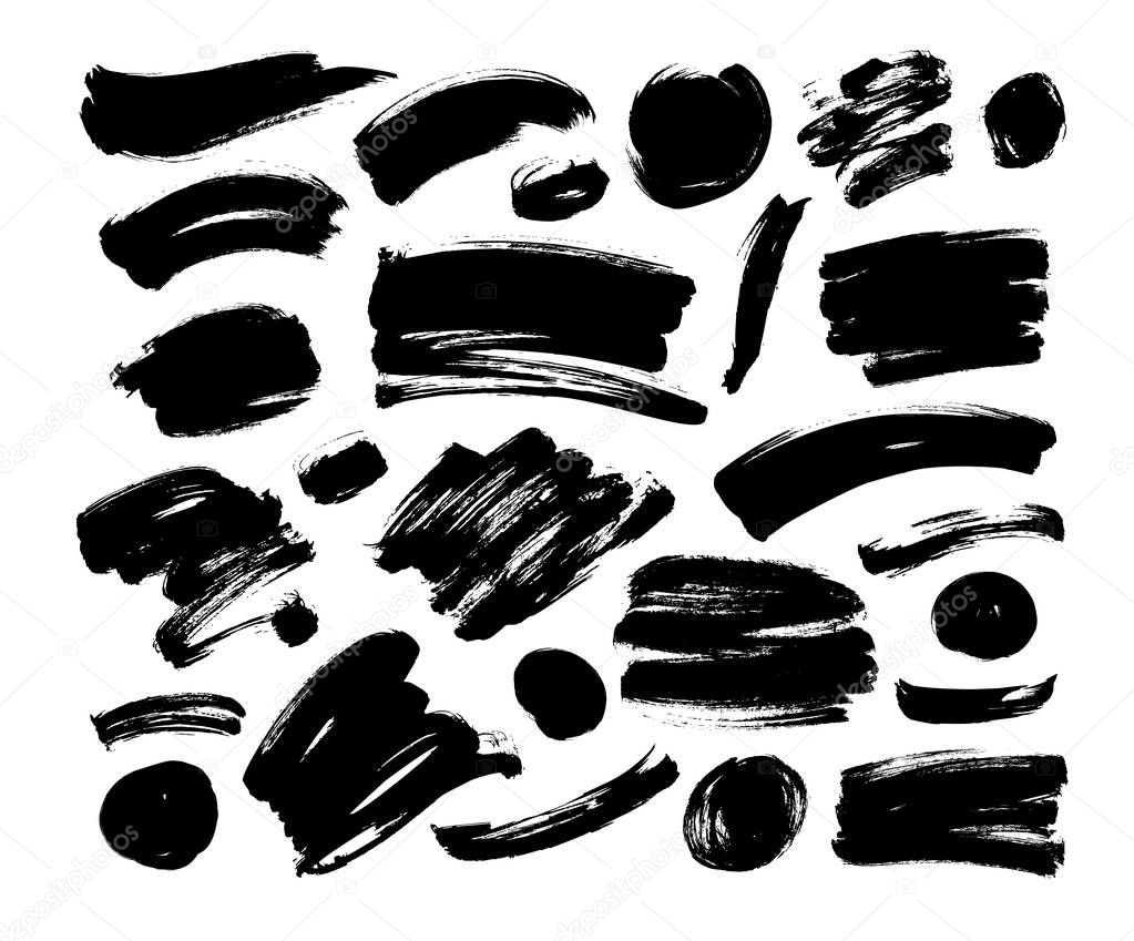 Collection of vector black brush stroke, line or texture. Dirty artistic design element, shapes.