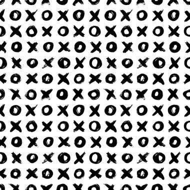 Vector seamless pattern with hand drawn noughts and crosses. Tile X O ink brush texture. clipart