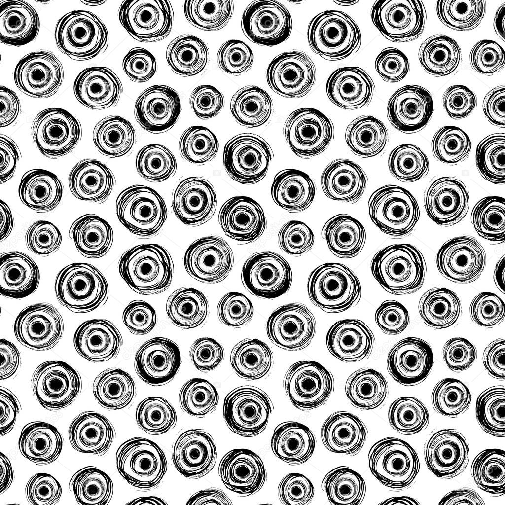 Grunge concentric circles hand drawn seamless pattern. Rings with spots ink dirty texture. 