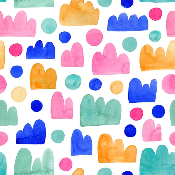 Colorful watercolor seamless childish pattern. Multicolors circles and elements imitating mountains, clouds or crowns. — Stock Photo, Image