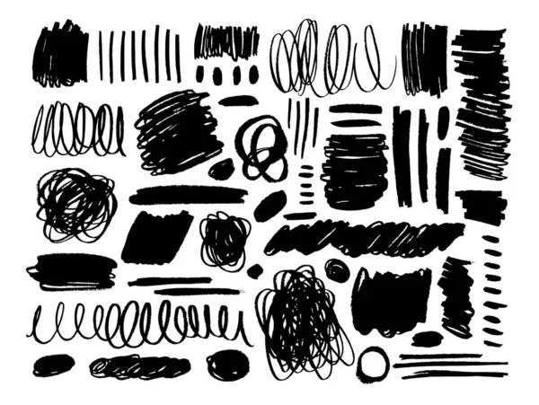 Set pennellate asciutte nere disegnate a mano. Grunge spalma la raccolta con linee arricciate e cerchi . — Vettoriale Stock