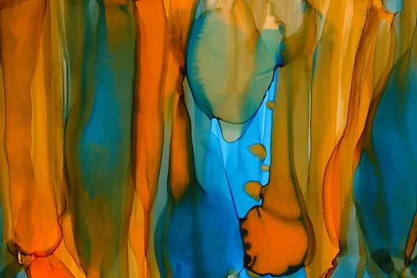 Cores misturadas fundo textura aquarela. Esfregaços de laranja e marinha desenhados à mão, salpicos de fundo abstrato, tinta de álcool . — Fotografia de Stock