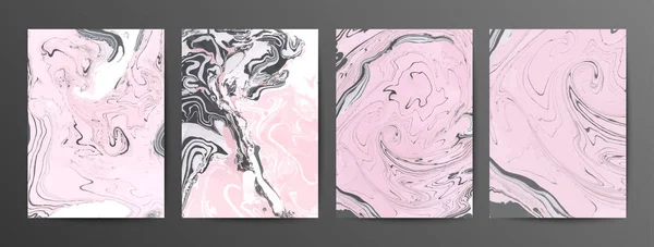 Uppsättning Creative Vector Marble kort. Handritade texturer gjorda med specialbläck. Bakgrund av rosa, svart och vit marmor. — Stock vektor