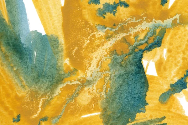 Sárga és zöld Splash akvarell textúra háttérben. Kézzel rajzolt élénk folt okker háttérben gradiens artwork. — Stock Fotó