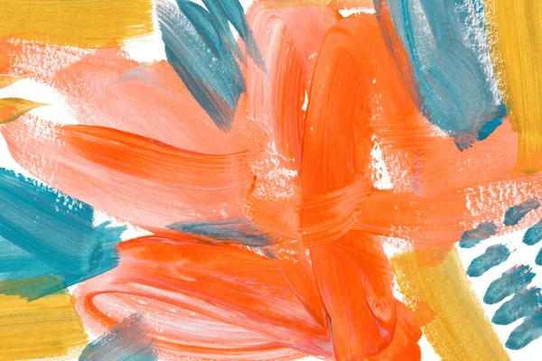 Ярко-оранжевый и бирюзовый ручной рисунок акварелью. Современные синие, белые и желтые мазки кистью . — стоковое фото