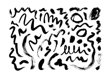 Kuru fırça darbeleri el çizimi vektör seti. Eğri ve zikzaklı siyah boya fırça darbeleri. 