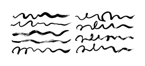 Pintura negra ondulado cepillo trazos colección de vectores. Líneas curvas sucias y pinceladas onduladas . — Archivo Imágenes Vectoriales