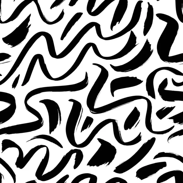 Wavy and swirled brush strokes vector seamless pattern. Black paint freehand scribbles, abstract ink background. — Stock Vector