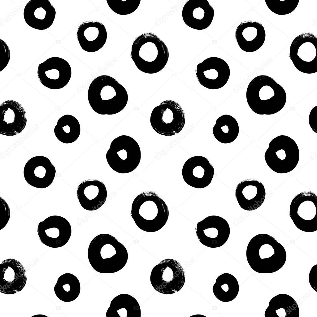 Circle grunge seamless vector pattern. Brush strokes, polka dot, rounded outline shapes. 
