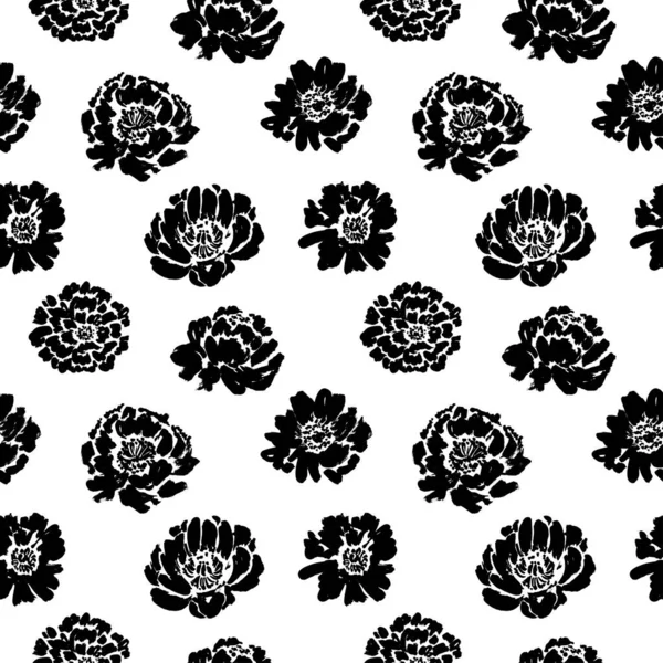 Motif vectoriel floral sans couture avec pivoines, roses, anémones. Illustration de peinture noire dessinée à la main avec fleurs abstraites. — Image vectorielle