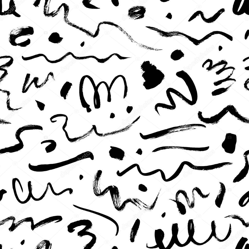 Wavy and swirled brush strokes vector seamless pattern. Black paint freehand scribbles, abstract ink background. 