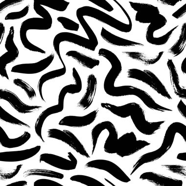 Dalgalı ve kıvrımlı fırça darbeleri vektörsüz desen. Siyah el yazması karalamalar, soyut mürekkep arkaplanı.