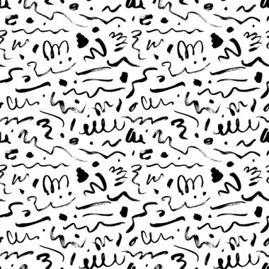 Dalgalı ve kıvrımlı fırça darbeleri vektörsüz desen. Siyah el yazması karalamalar, soyut mürekkep arkaplanı. 