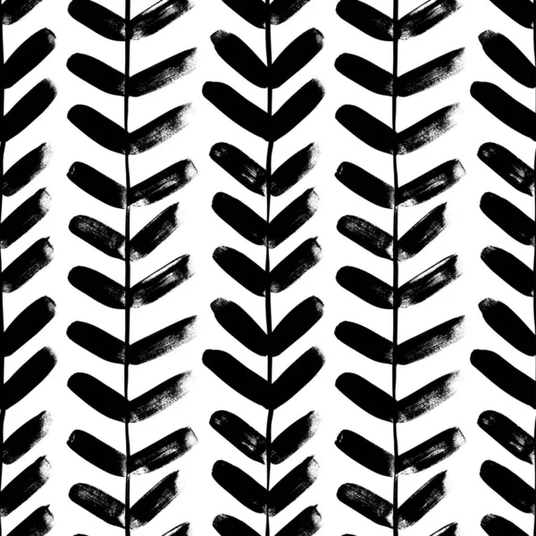 Planta vertical com folhas padrão sem costura vetor de tinta preta. Silhueta de ramo de folhagem desenhada à mão, liana, textura de chevron, espinha de peixe . — Vetor de Stock
