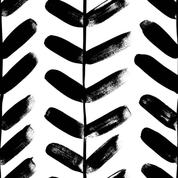 Plante verticale avec feuilles motif sans couture vecteur de peinture noire. Silhouette de branche de feuillage dessinée à la main, liane, texture chevron, chevron. — Image vectorielle