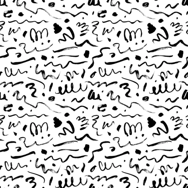 Wavy and swirled brush strokes vector seamless pattern. Black paint freehand scribbles, abstract ink background. — Stock Vector