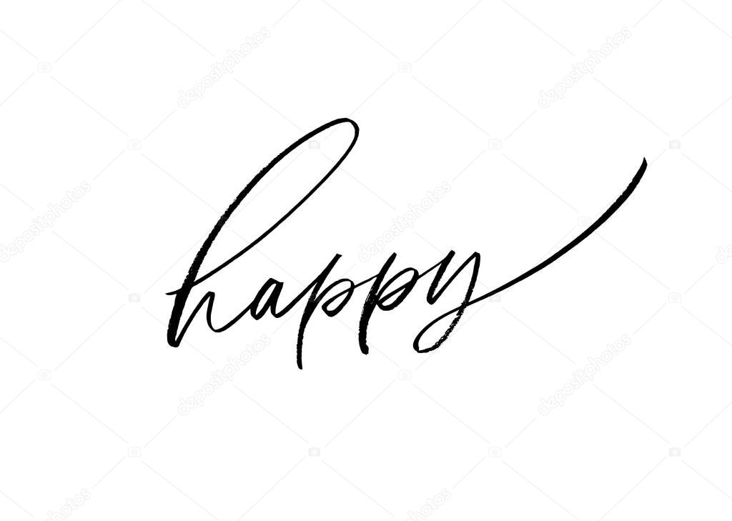 Happy word, vector brush lettering. Hand drawn modern brush calligraphy isolated on white background. Christmas vector ink illustration. Creative typography for Holiday greeting gift poster, cards