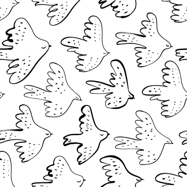 Nahtloses Vektor-Doodle-Muster mit schwarzen Vögeln. — Stockvektor