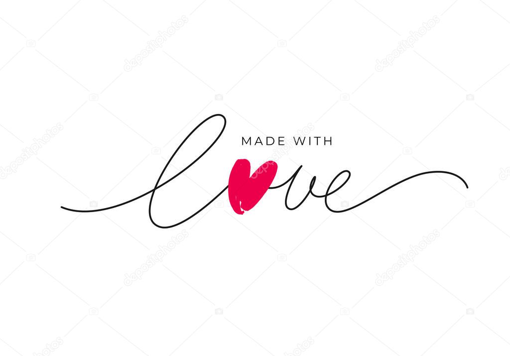 Made with love lettering with heart symbol. Hand drawn black line calligraphy. Ink vector inscription isolated on white background. Lettering for your handcrafted goods, product, shop, tags, labels