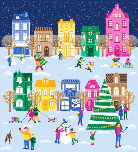 Kış city ile büyük festival set. İnsanlar Noel için hazırlanıyorlar. Çocuklar zevk kış, halletme, bir kardan adam yapmak.
