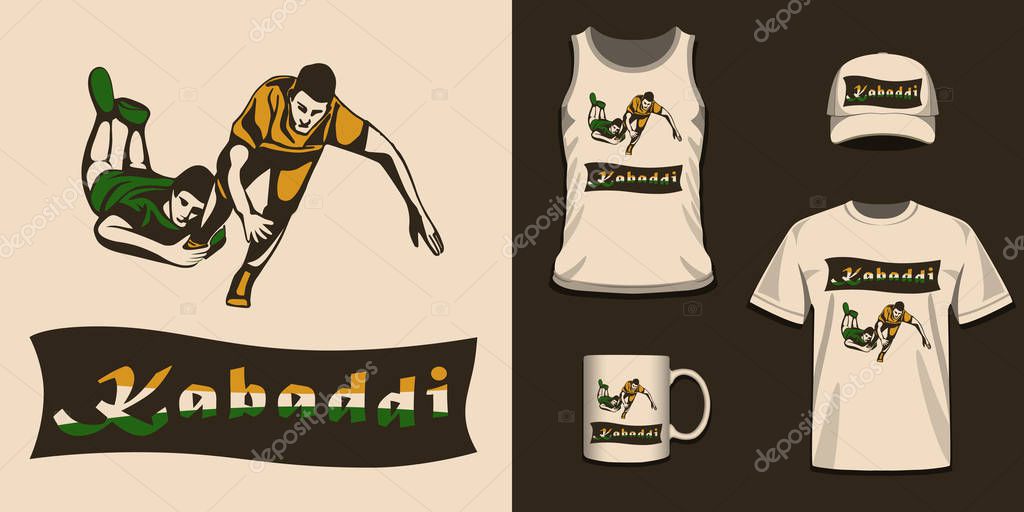 Sports T-shirt Design for Indian Kabaddi Fans. Concept of sportsman playing Kabaddi. Creative poster or Banner design with playing kabaddi players.